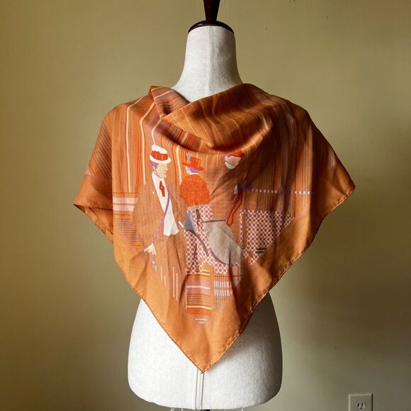 60s Vintage Large Square Scarf Orange Abstract Striped London Dandy Print - Picture 1 of 9